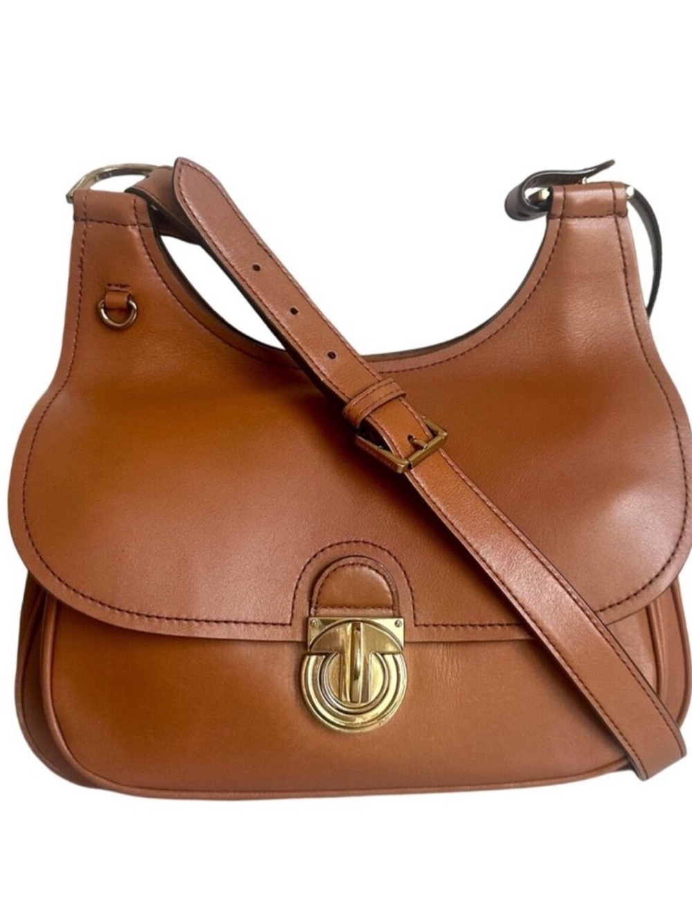 Rare Tory Burch leather James tan saddle shoulder bag with gold-tone hardware.